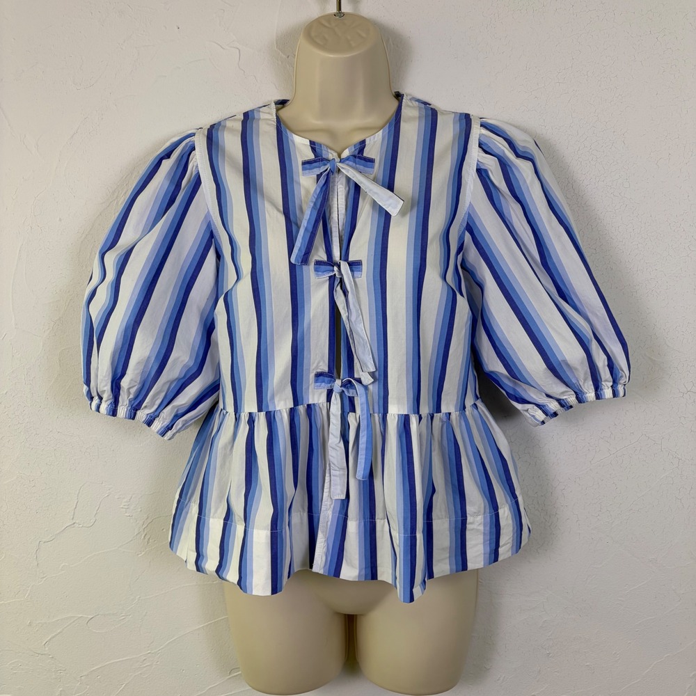 Ganni Striped Tie Front Peplum Blouse Womens 34 XS Blue White Puff Sleeve Scandi